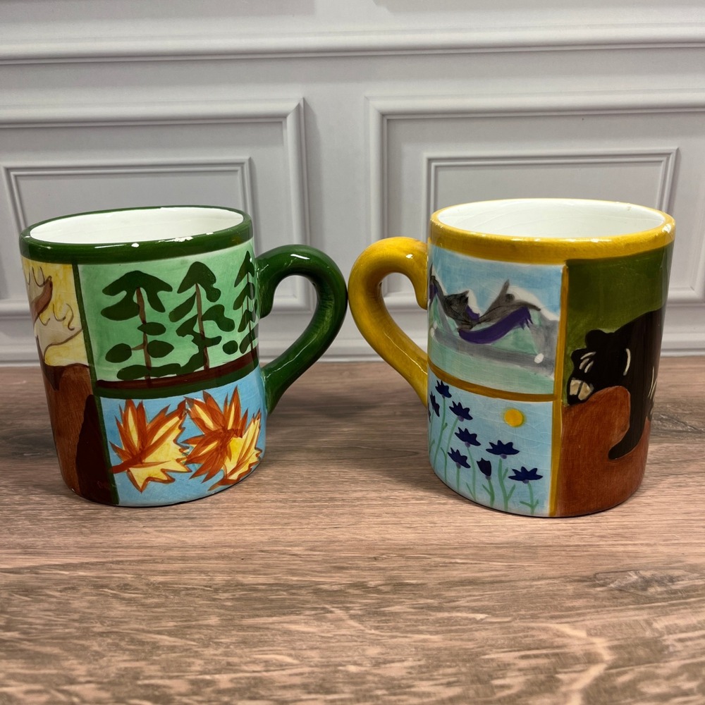 Danica Studio Mugs Set 2 12oz Multicolor Wildlife Moose Bear Cabin Rustic Decor